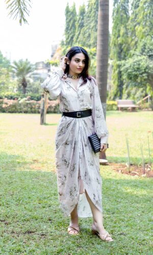 Beige Floral Drape Dress  -  Narayani Adukia