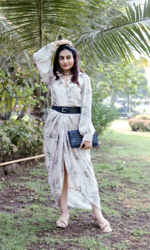 Beige Floral Drape Dress  -  Narayani Adukia 13