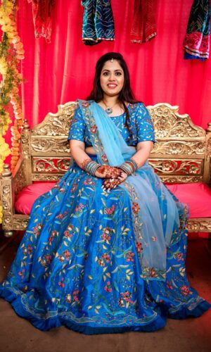 Aqua Blue Floral Lehenga  -  Narayani Adukia