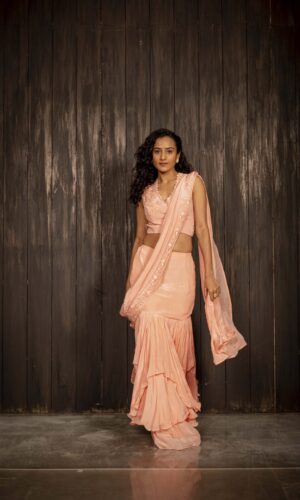 Ruffled Drape Saree With Thread Embroidered  -  Narayani Adukia