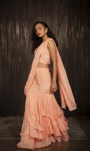 Ruffled Drape Saree With Thread Embroidered  -  Narayani Adukia 21