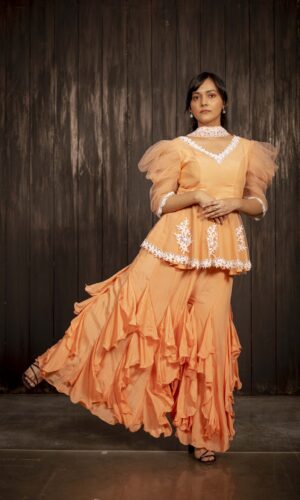 Pearl Embroidered Peach Garara Set  -  Narayani Adukia