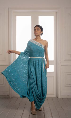 One Shoulder Assymetric Gown With Pearl Embroidered  -  Narayani Adukia