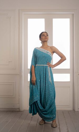One Shoulder Assymetric Gown With Pearl Embroidered  -  Narayani Adukia 21