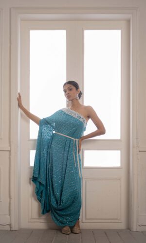 One Shoulder Assymetric Gown With Pearl Embroidered  -  Narayani Adukia 23