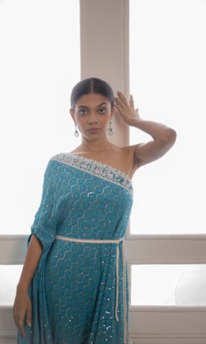 One Shoulder Assymetric Gown With Pearl Embroidered  -  Narayani Adukia 24