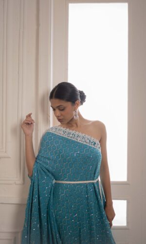 One Shoulder Assymetric Gown With Pearl Embroidered  -  Narayani Adukia 25