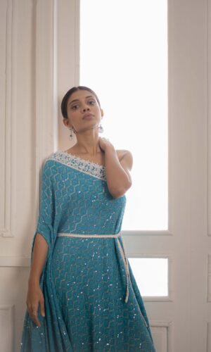 One Shoulder Assymetric Gown With Pearl Embroidered  -  Narayani Adukia 26