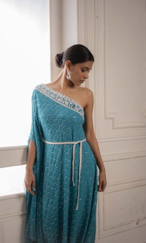 One Shoulder Assymetric Gown With Pearl Embroidered  -  Narayani Adukia 27