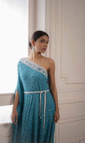 One Shoulder Assymetric Gown With Pearl Embroidered  -  Narayani Adukia 28