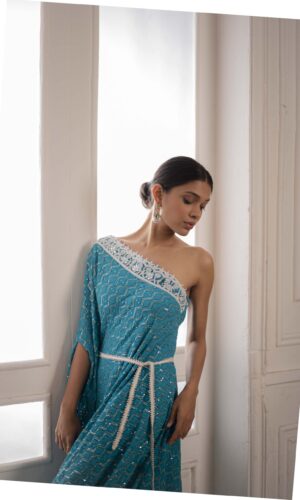 One Shoulder Assymetric Gown With Pearl Embroidered  -  Narayani Adukia 29