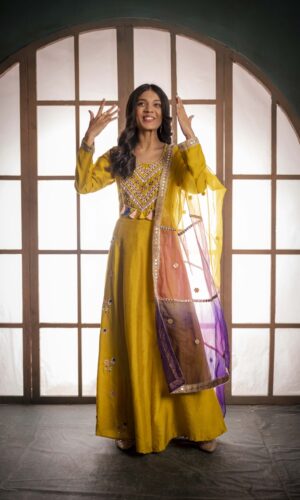 English Green Anarkaly With Pearl Embroidered Details  -  Narayani Adukia