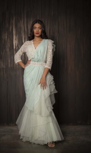 Ruffled Drape Saree With Pearl Embroidered  -  Narayani Adukia