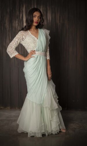 Ruffled Drape Saree With Pearl Embroidered  -  Narayani Adukia 24