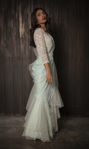 Ruffled Drape Saree With Pearl Embroidered  -  Narayani Adukia 25