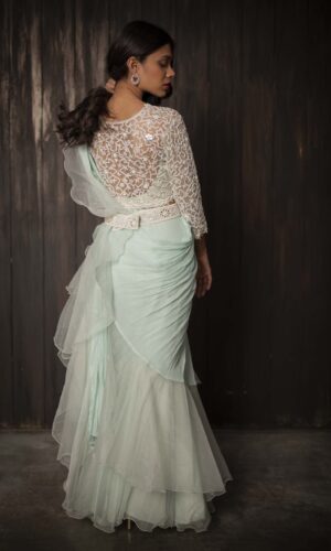 Ruffled Drape Saree With Pearl Embroidered  -  Narayani Adukia 27