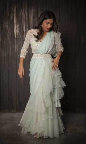 Ruffled Drape Saree With Pearl Embroidered  -  Narayani Adukia 28