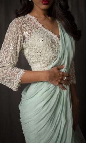 Ruffled Drape Saree With Pearl Embroidered  -  Narayani Adukia 30