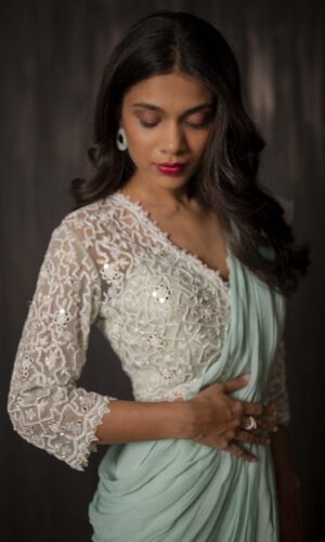 Ruffled Drape Saree With Pearl Embroidered  -  Narayani Adukia 31