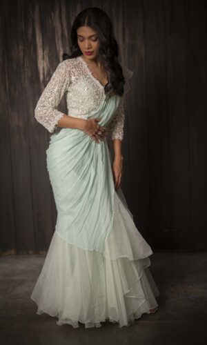 Ruffled Drape Saree With Pearl Embroidered  -  Narayani Adukia 32