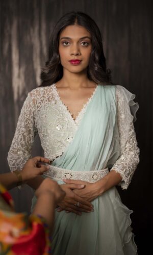 Ruffled Drape Saree With Pearl Embroidered  -  Narayani Adukia 33