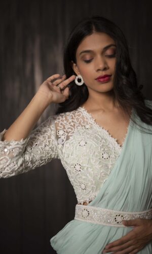 Ruffled Drape Saree With Pearl Embroidered  -  Narayani Adukia 35