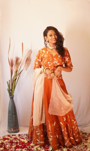 Tangerine Tropical Lehenga  -  Narayani Adukia